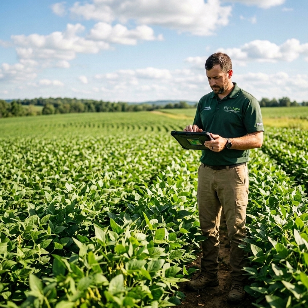 Técnico agrônomo registrando ocorrência de praga em tablet no campo com o aplicativo offline da VigIA Agro