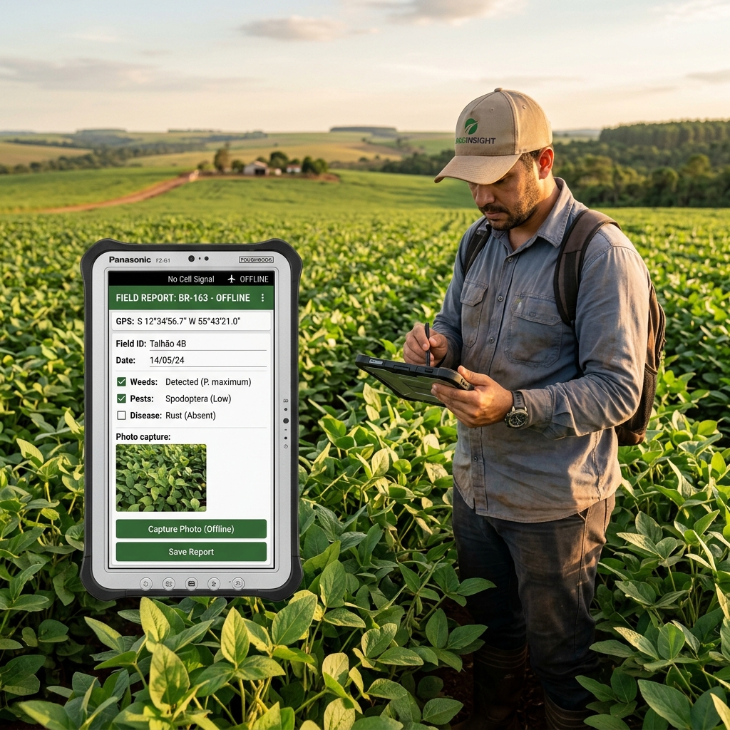 Técnico agrônomo usando app offline no campo para vistoria de lavoura